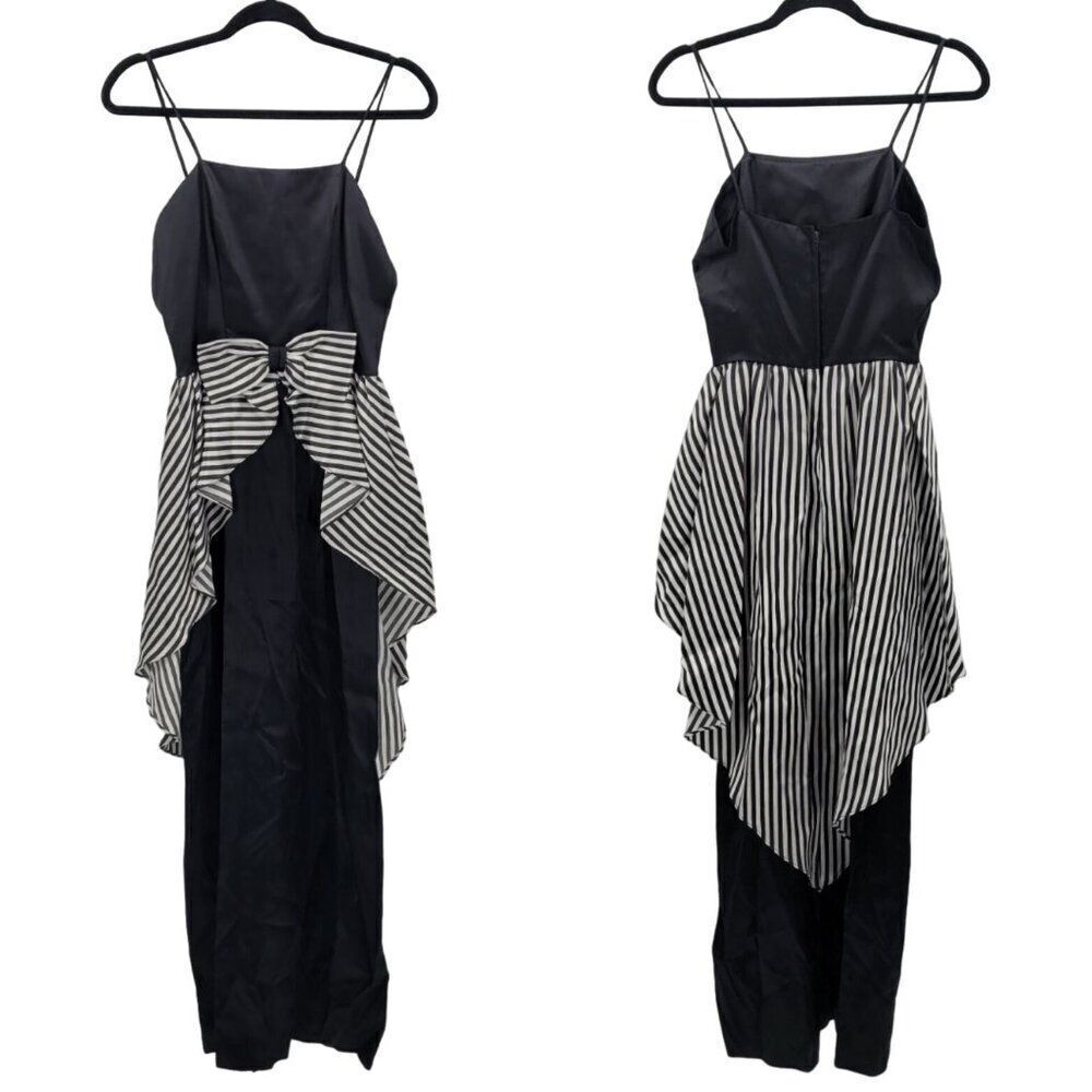 Vtg Gown Maxi Dress XS Black Striped Bow‎ Overlay Tail Beetlejuice Tuxedo USA